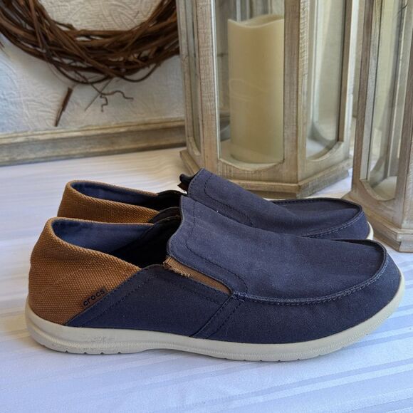 CROCS Santa Cruz Mens Blue Brown Canvas Convertible Slip On Loafer Shoe- Size 14